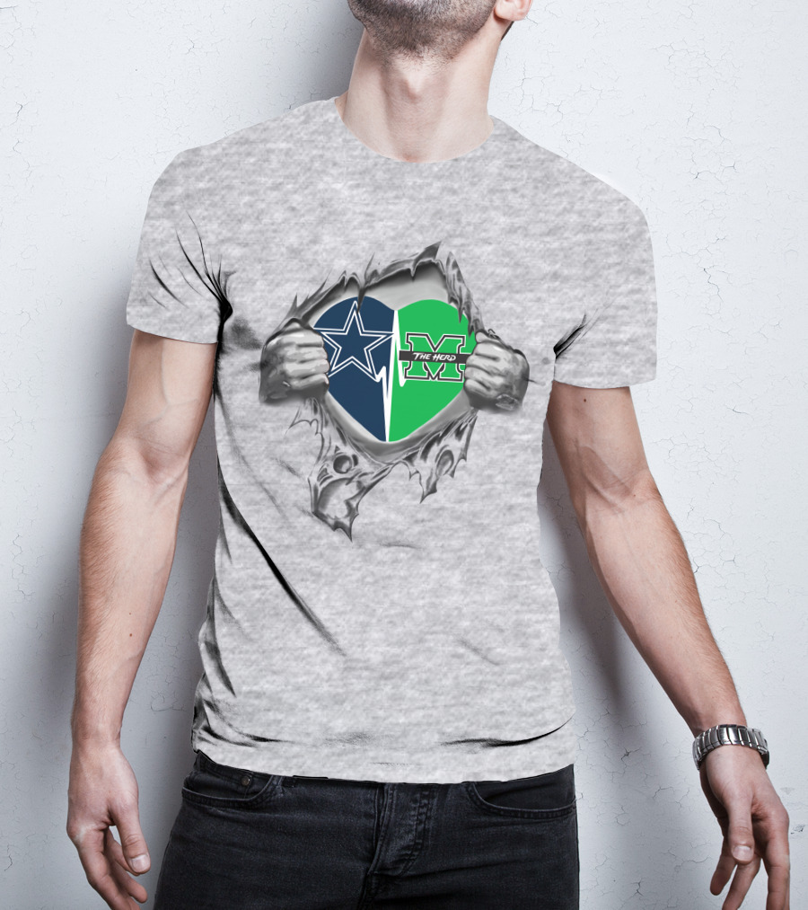 Cowboys Marshall Thundering Herd Heart Design With Star And The Herd Logos T-Shirt