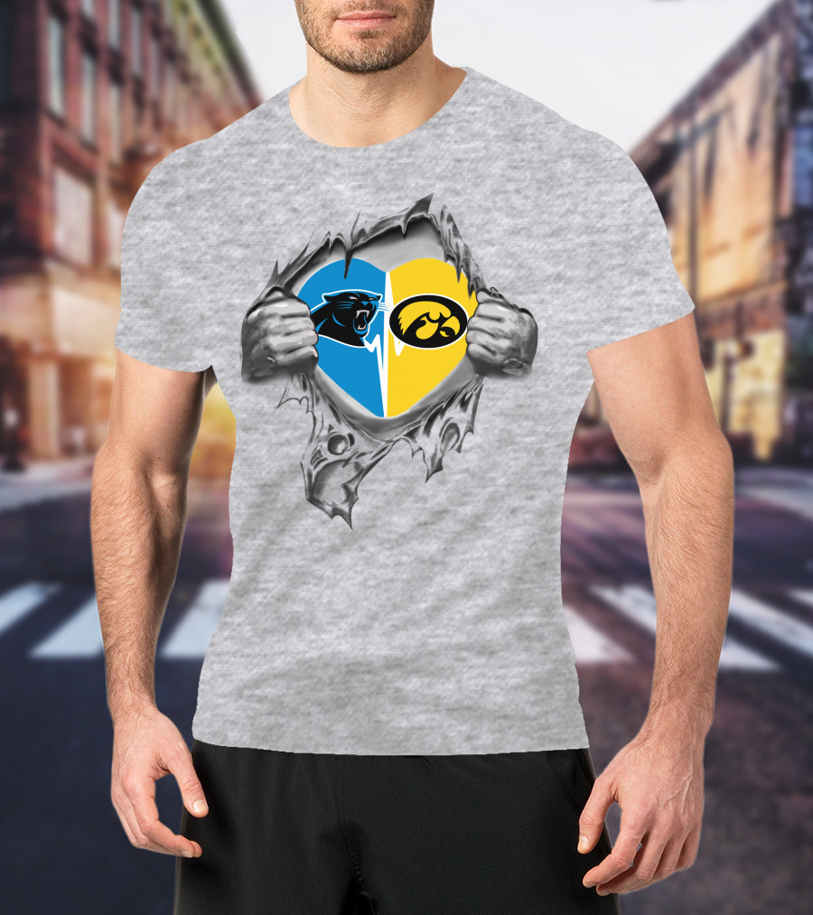 Carolina Panthers Iowa Hawkeyes Heart Logo Fusion T-Shirt