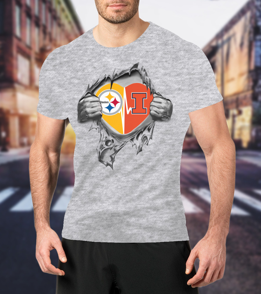 Steelers Illinois Fighting Illini Heart Logo Tearing T-Shirt