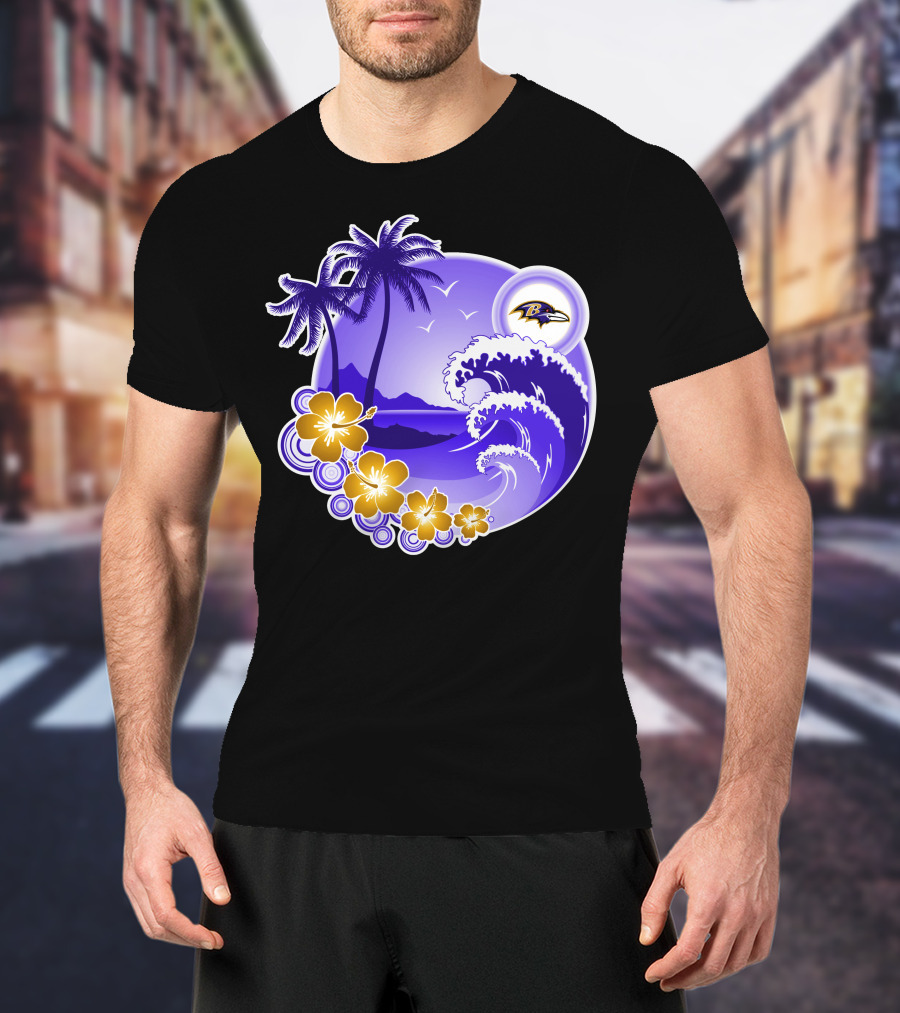 Baltimore Ravens Happy Holidays Tropical Paradise With Wave And Flowers T-Shirt