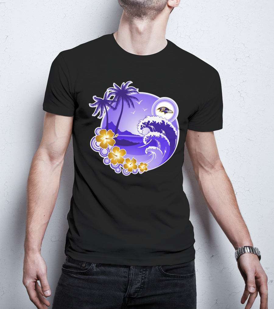 Baltimore Ravens Happy Holidays Tropical Paradise With Wave And Flowers T-Shirt