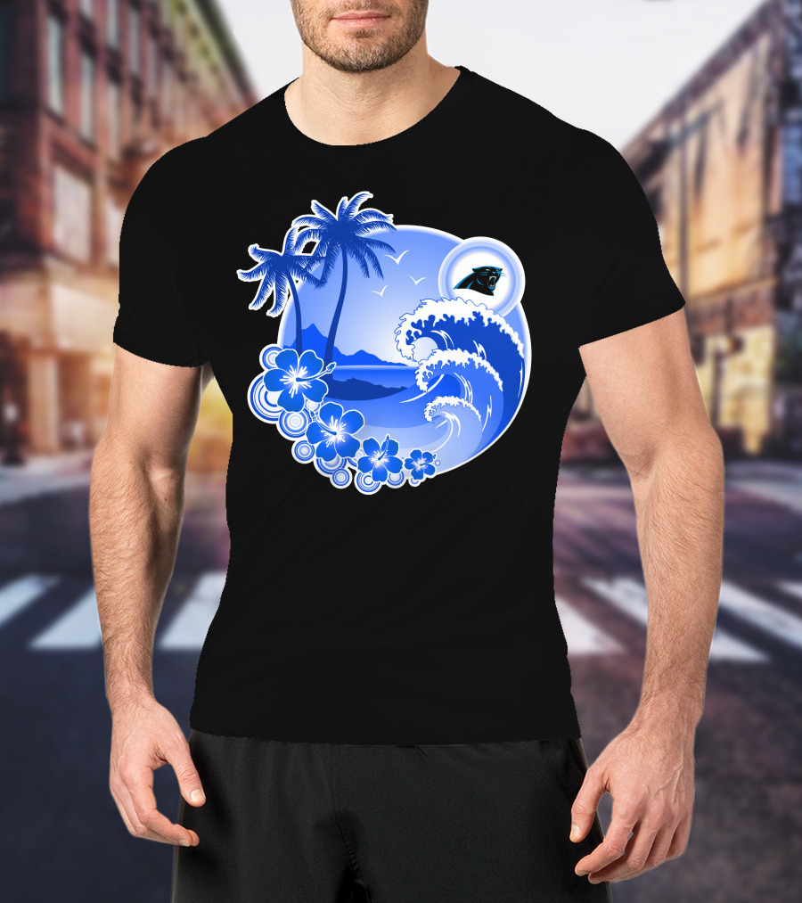 Carolina Panthers Happy Holidays Tropical Wave And Palm Trees T-Shirt