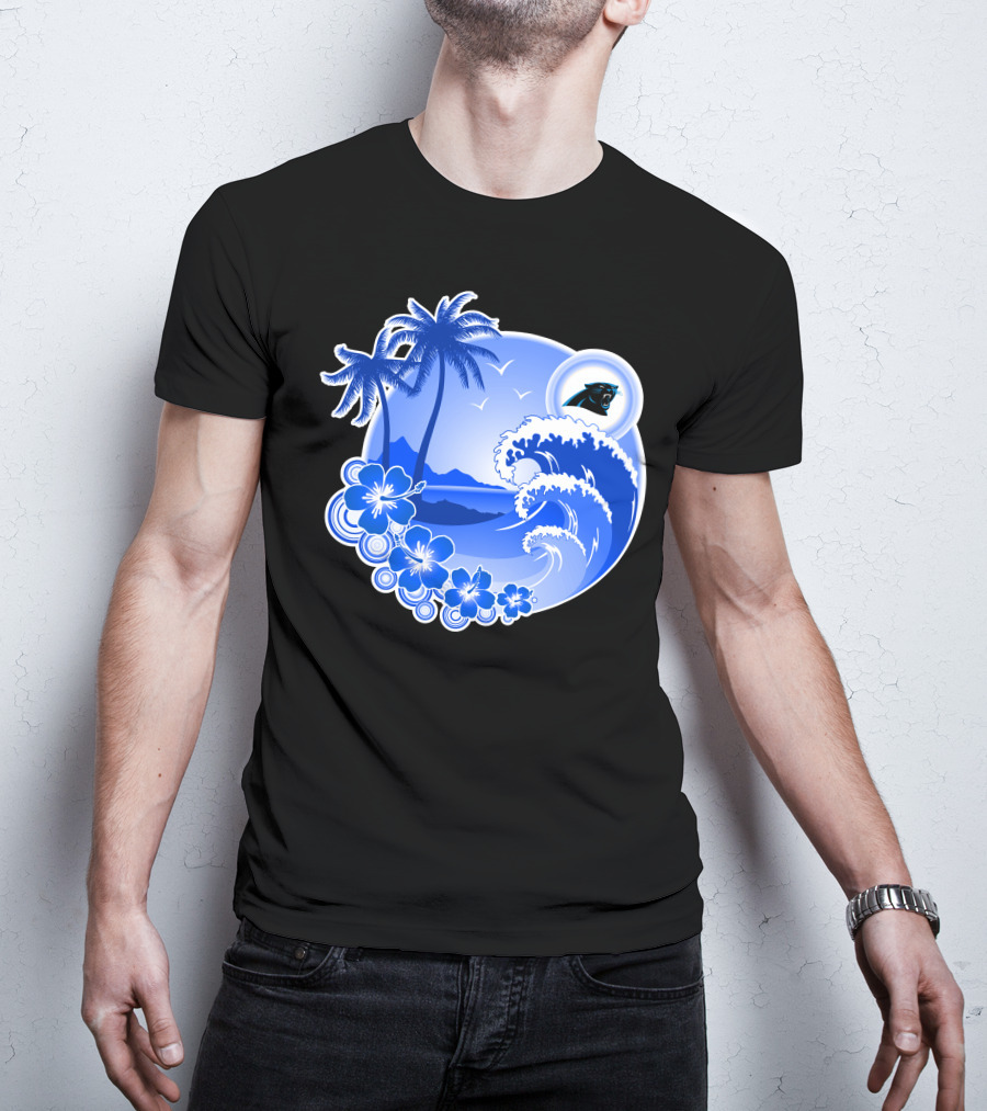Carolina Panthers Happy Holidays Tropical Wave And Palm Trees T-Shirt