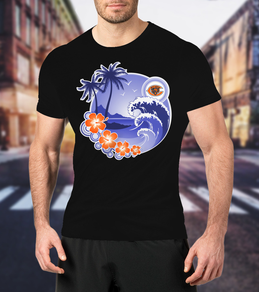 Chicago Bears Happy Holidays Palm Trees And Ocean Wave T-Shirt