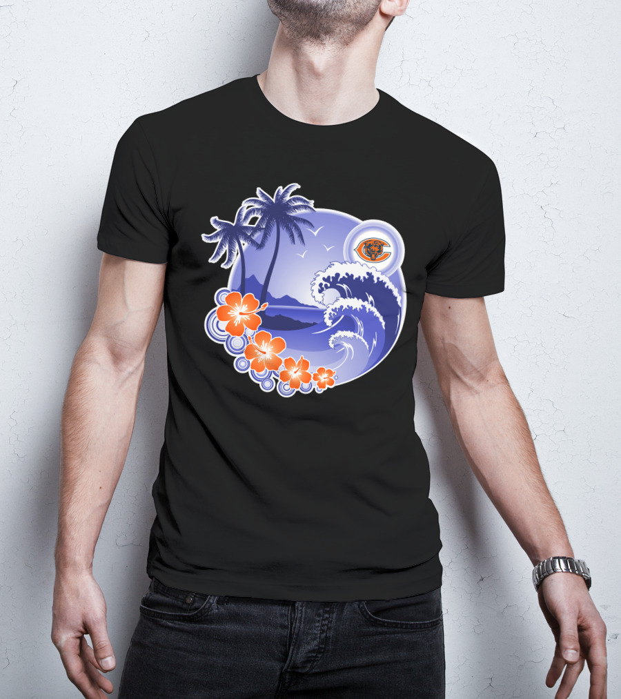 Chicago Bears Happy Holidays Palm Trees And Ocean Wave T-Shirt
