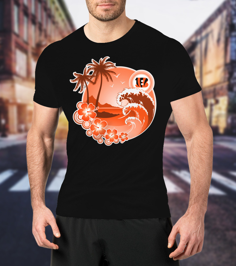 Cincinnati Bengals Holiday Hawaiian Beach Wave And Palm Flowers T-Shirt