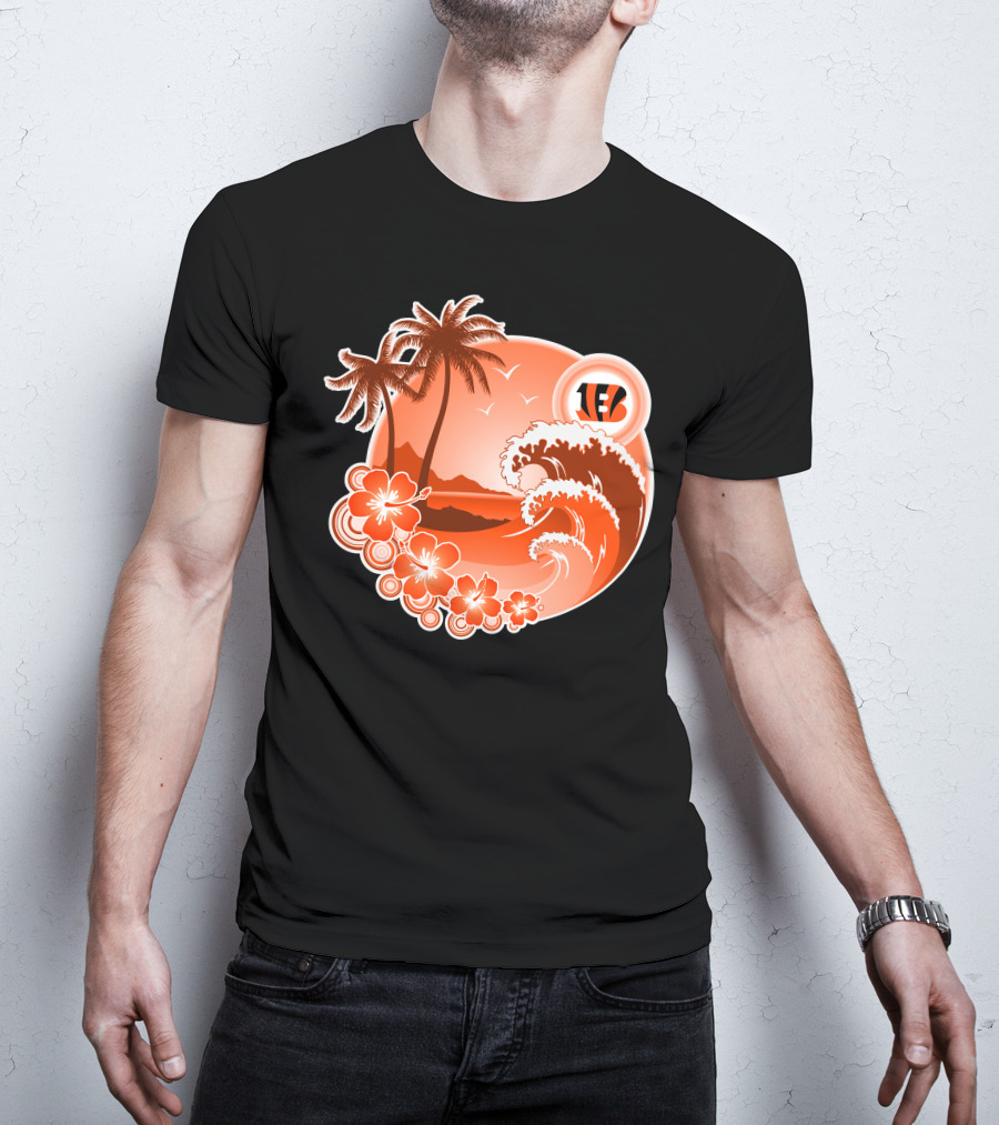 Cincinnati Bengals Holiday Hawaiian Beach Wave And Palm Flowers T-Shirt