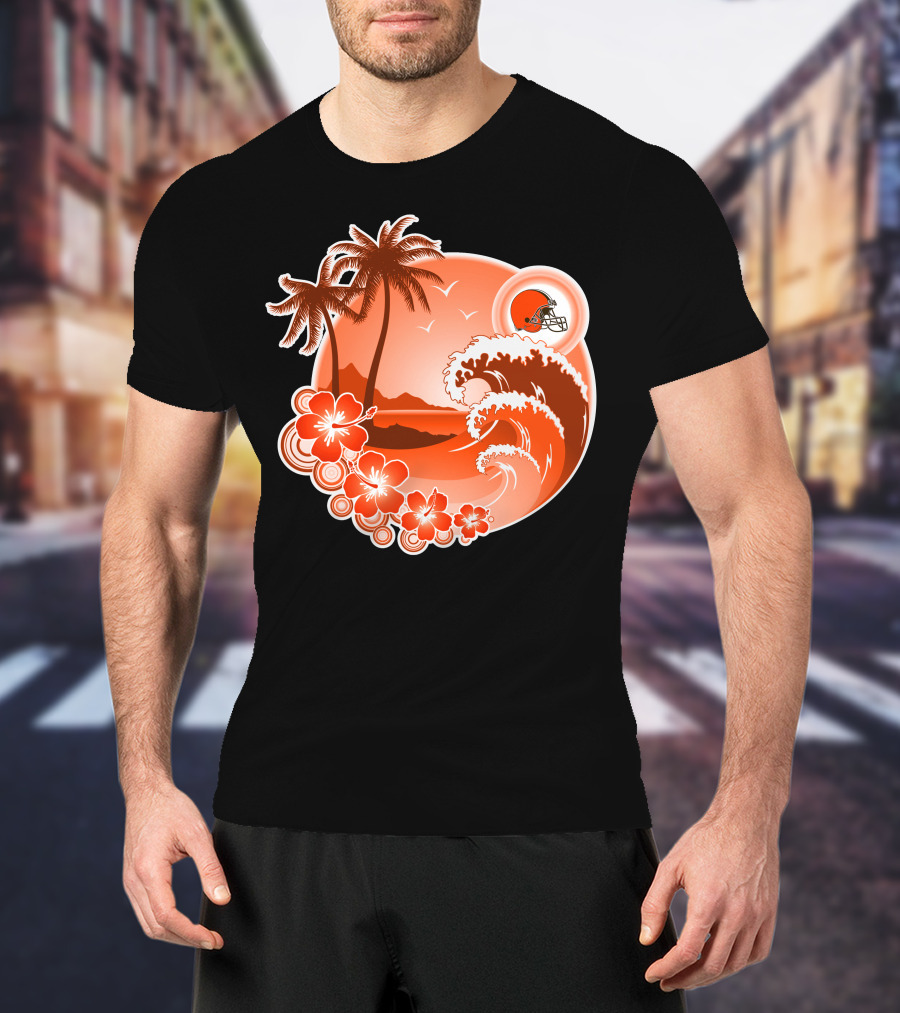 Cleveland Browns Holiday Tropical Beach Scene With Flowers And Helmet T-Shirt
