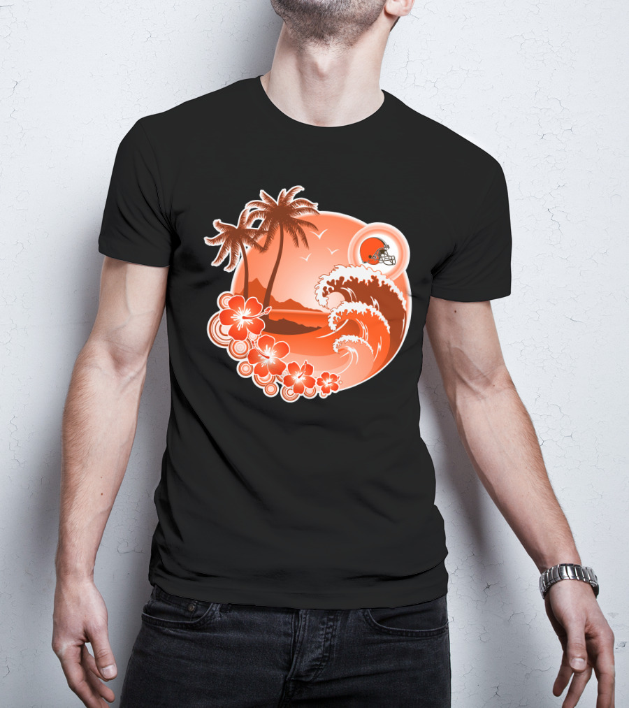 Cleveland Browns Holiday Tropical Beach Scene With Flowers And Helmet T-Shirt