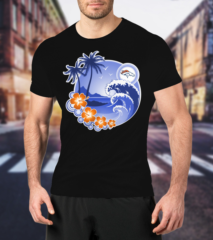 Denver Broncos Happy Holidays Tropical Beach Scene T-Shirt