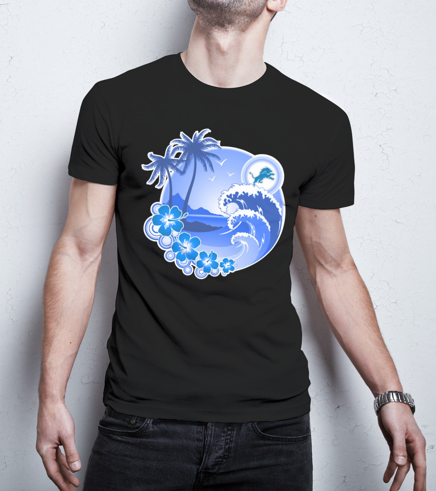 Detroit Lions Happy Holidays Tropical Wave And Palm Trees T-Shirt