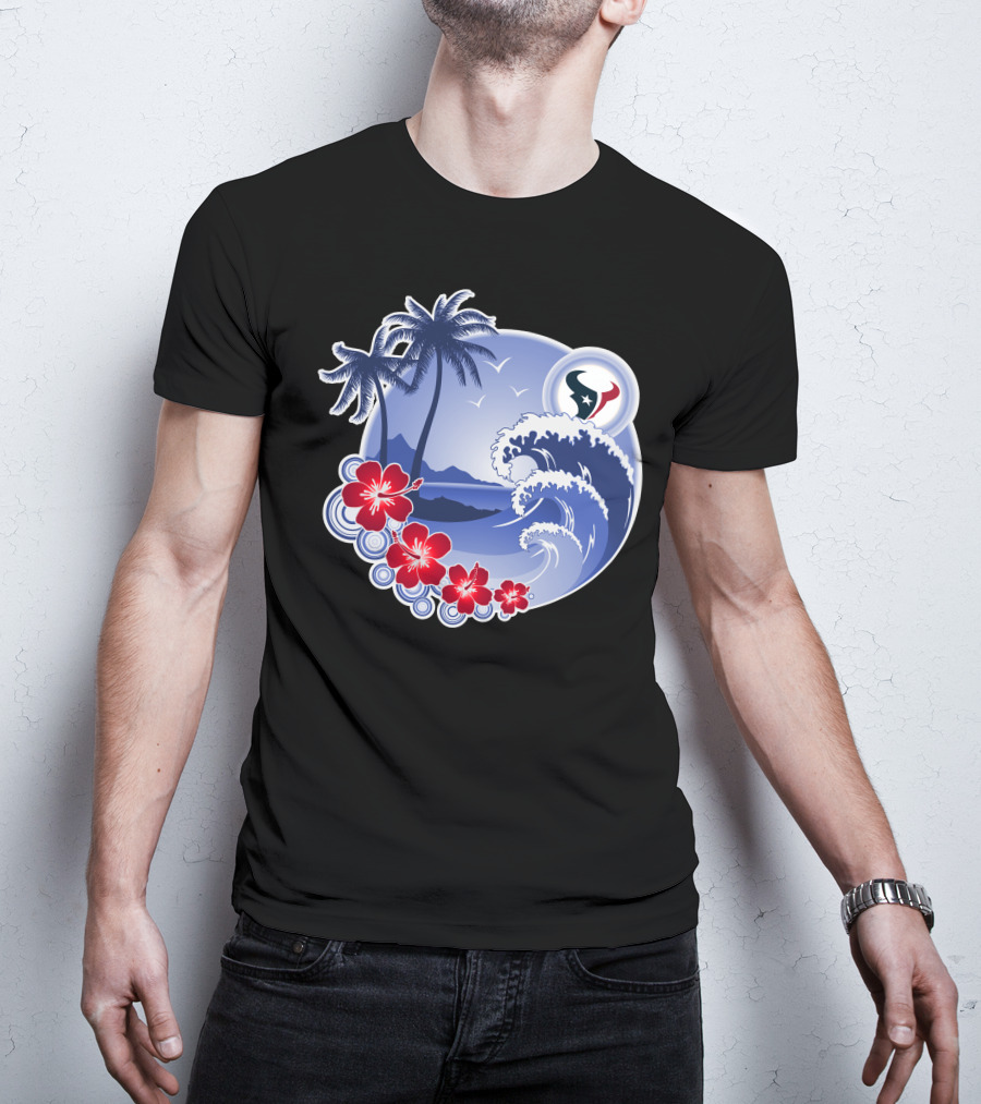 Houston Texans Happy Holidays Tropical Floral Beach Waves T-Shirt