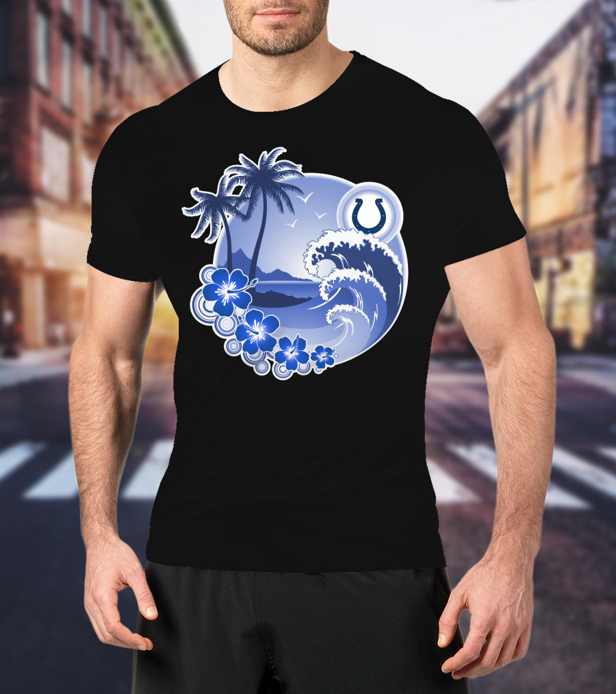 Indianapolis Colts Happy Holidays Wave And Palm Trees With Horseshoe T-Shirt