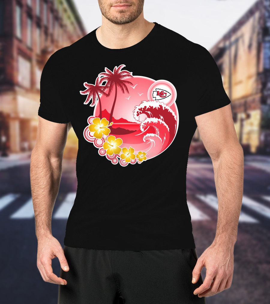 Kansas City Chiefs Happy Holidays Beach Wave Palm Trees Flowers Red T-Shirt