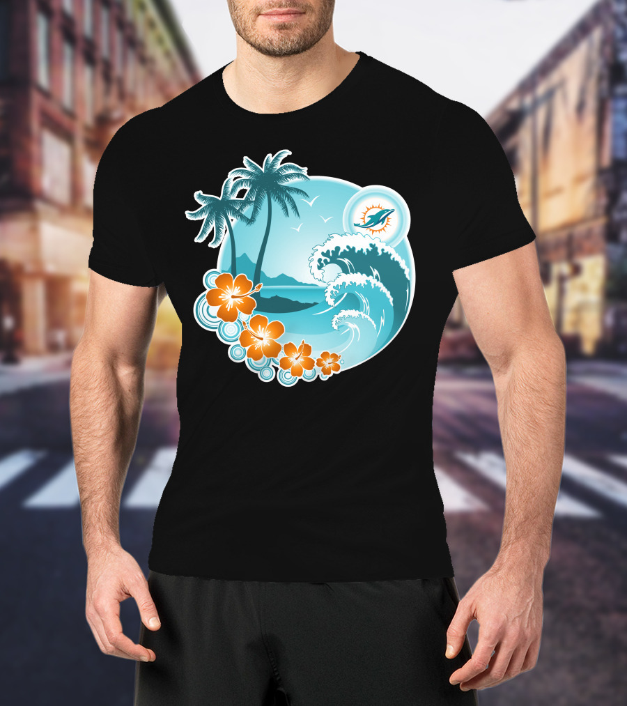 Miami Dolphins Happy Holidays Tropical Wave And Palm Trees Scene T-Shirt