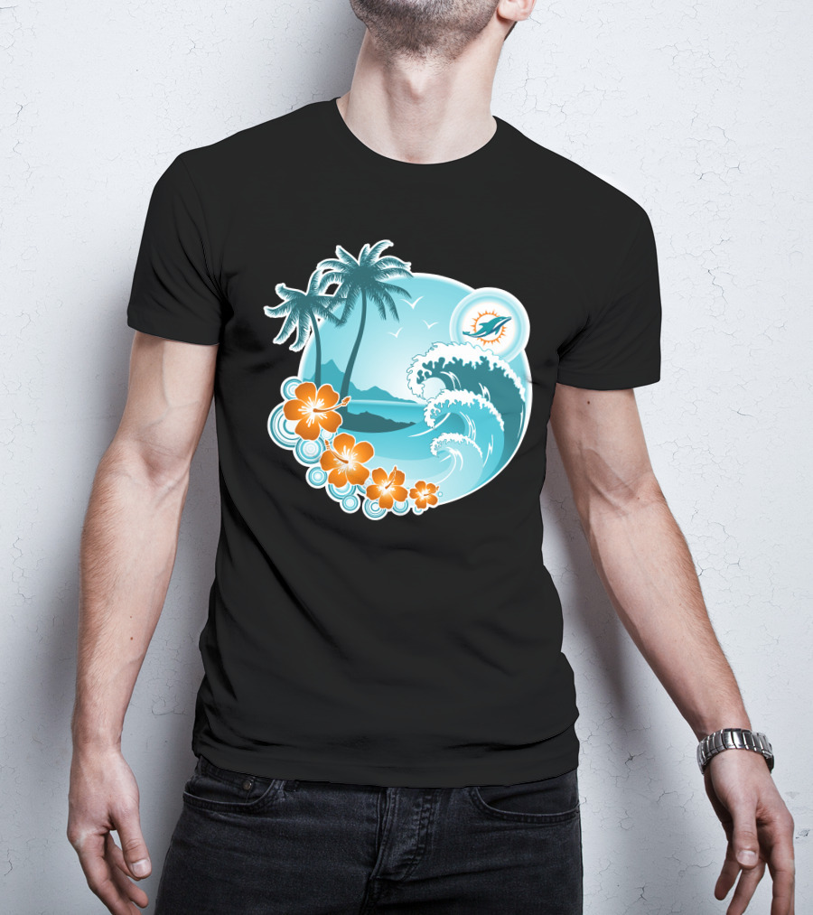 Miami Dolphins Happy Holidays Tropical Wave And Palm Trees Scene T-Shirt