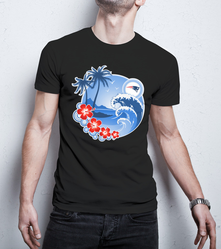 New England Patriots Tropical Beach Waves And Palm Trees Scene T-Shirt