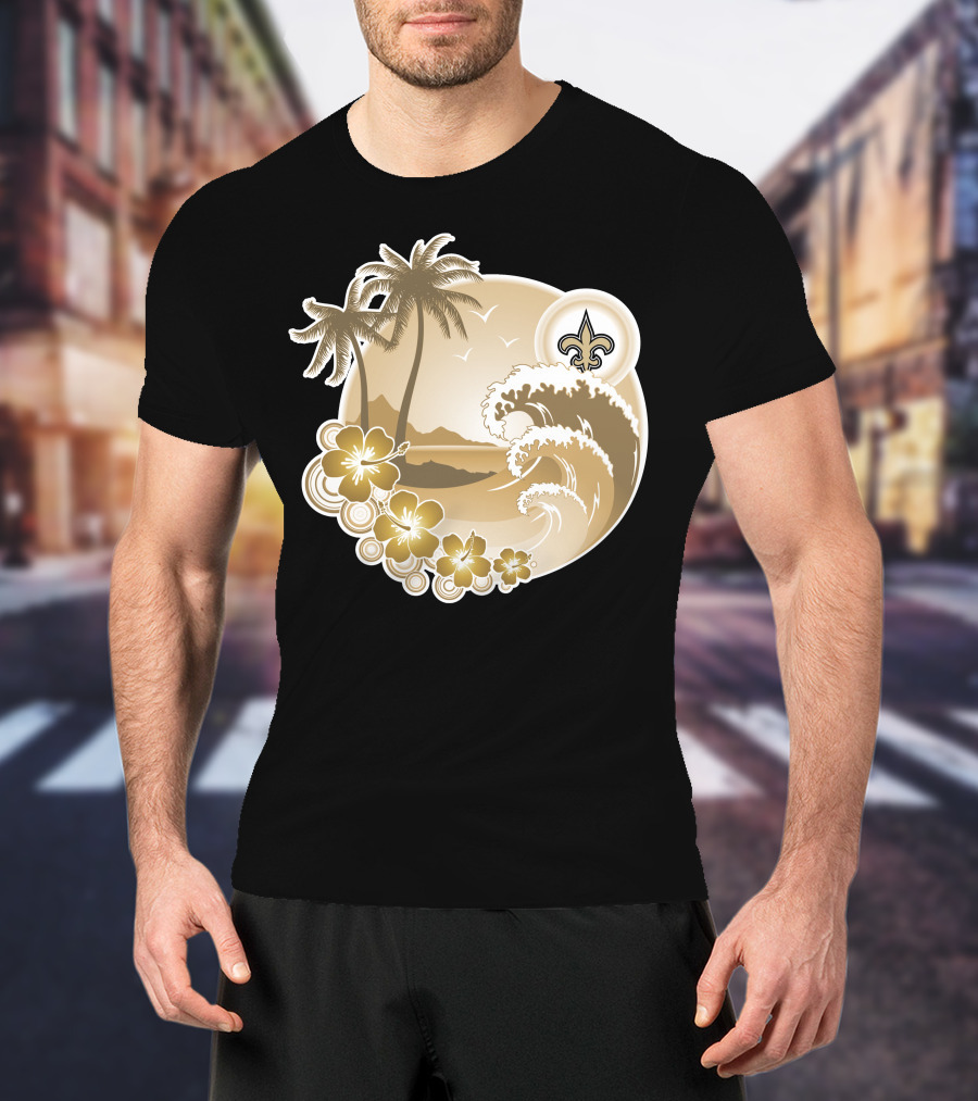 New Orleans Saints Happy Holidays Fleur-De-Lis Tropical Scene T-Shirt