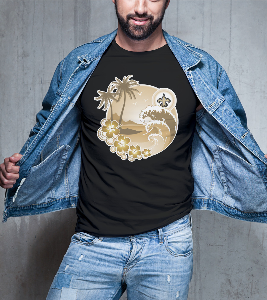 New Orleans Saints Happy Holidays Fleur-De-Lis Tropical Scene T-Shirt