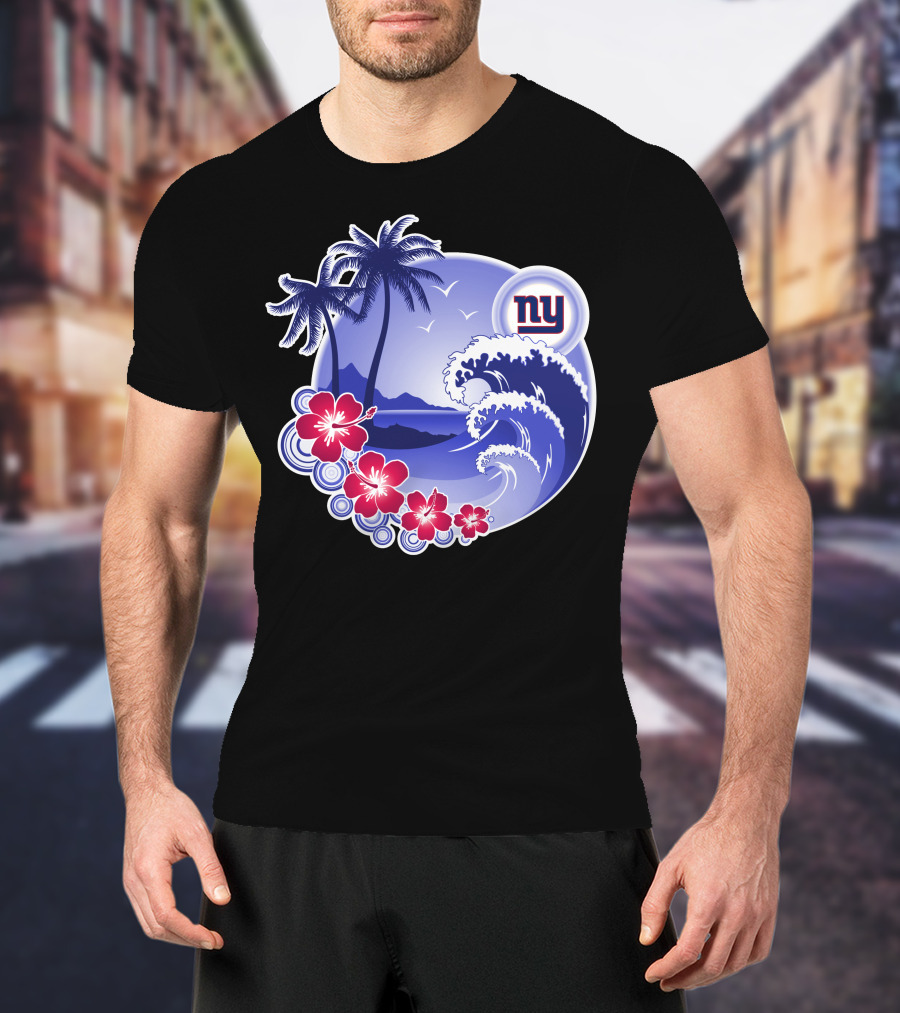 New York Giants Tropical Island Wave And Palm Trees T-Shirt