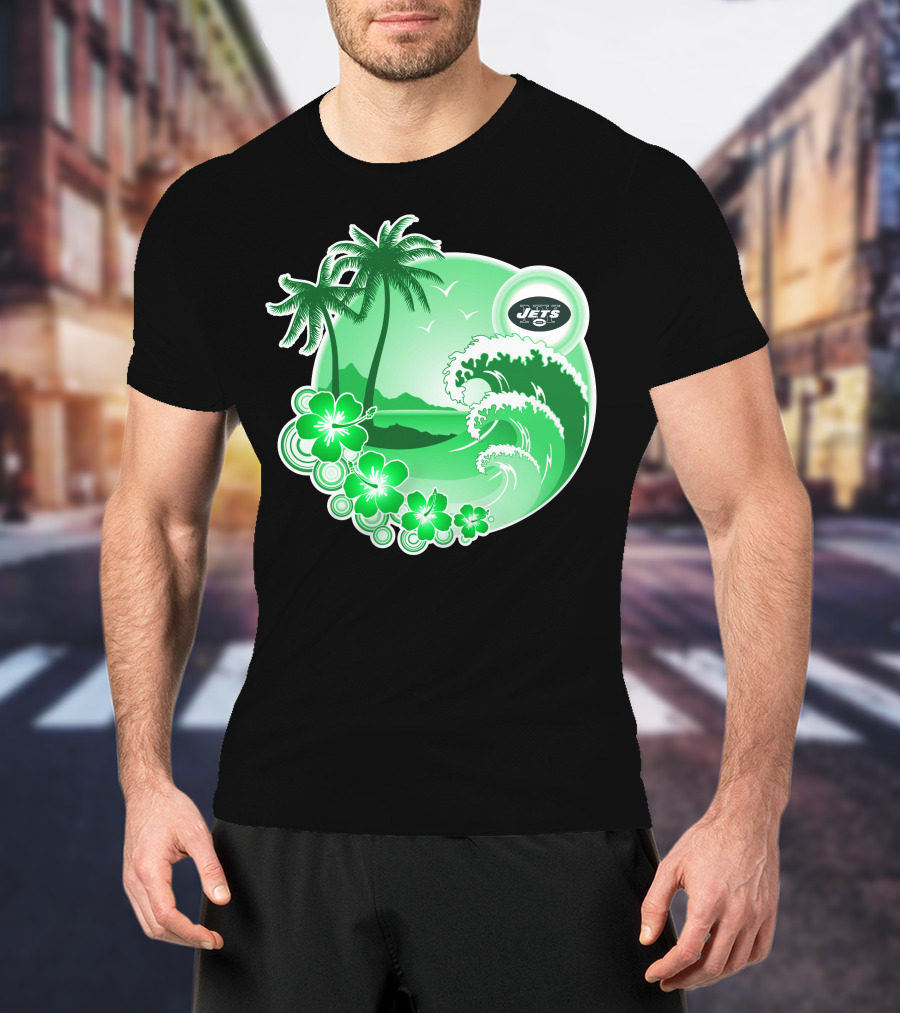 New York Jets Happy Holidays Tropical Waves And Palm Trees T-Shirt