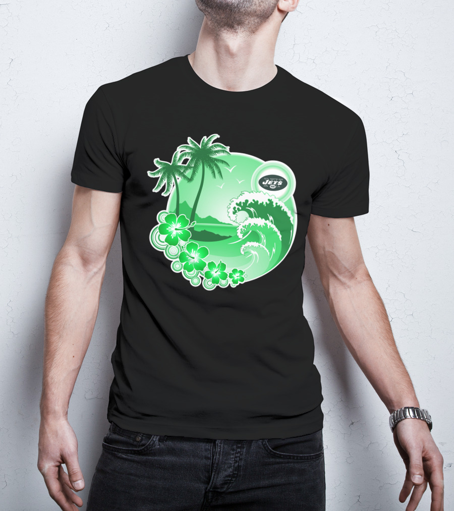 New York Jets Happy Holidays Tropical Waves And Palm Trees T-Shirt