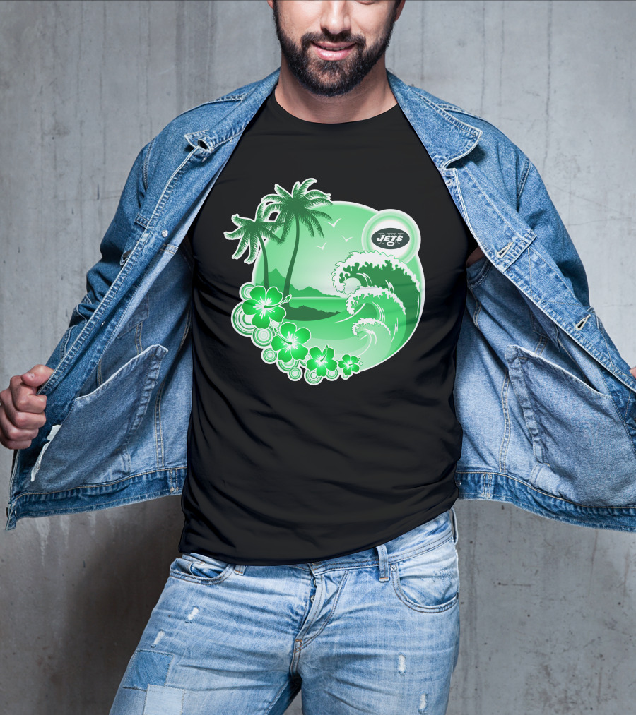 New York Jets Happy Holidays Tropical Waves And Palm Trees T-Shirt