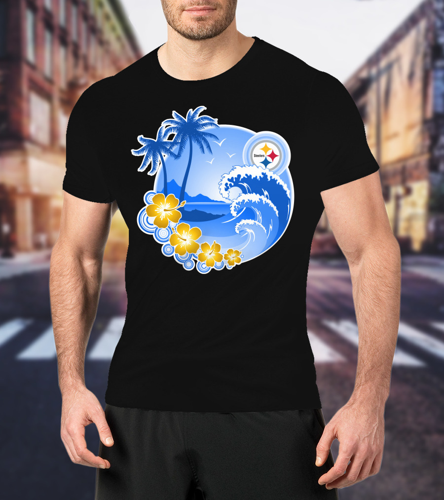 Pittsburgh Steelers Happy Holidays Tropical Waves Palm Trees Flowers T-Shirt