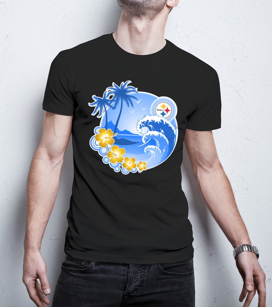 Pittsburgh Steelers Happy Holidays Tropical Waves Palm Trees Flowers T-Shirt