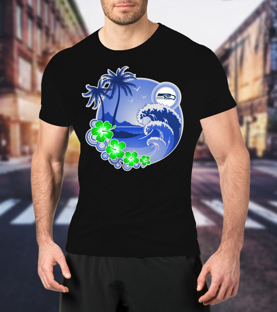 Seattle Seahawks Tropical Beach Happy Holidays Wave And Palm Trees T-Shirt