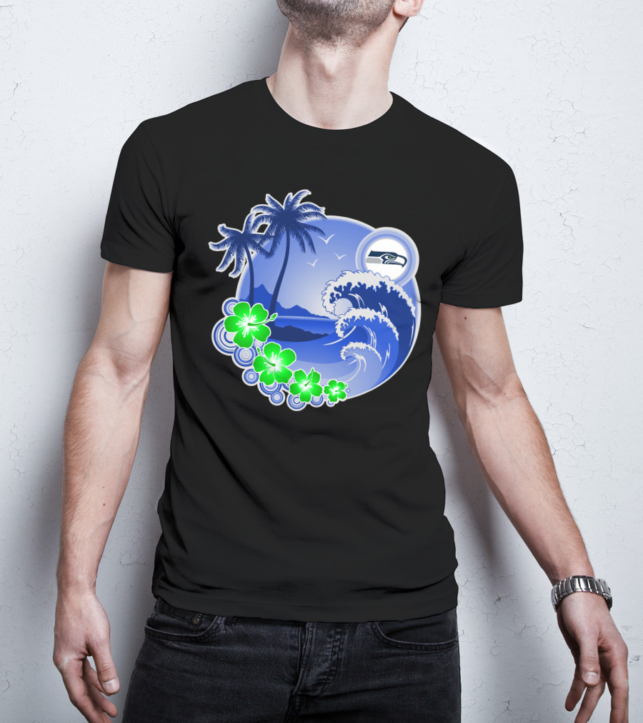 Seattle Seahawks Tropical Beach Happy Holidays Wave And Palm Trees T-Shirt