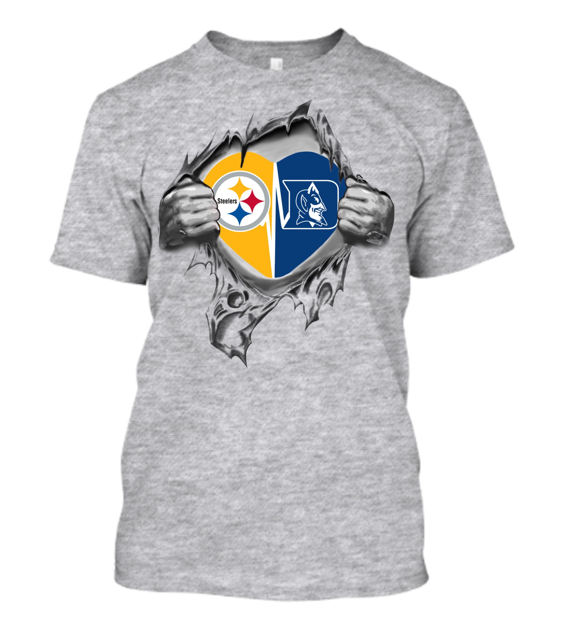 Steelers Duke Blue Devils Heart With Logos Inside Ripped Hands T-Shirt