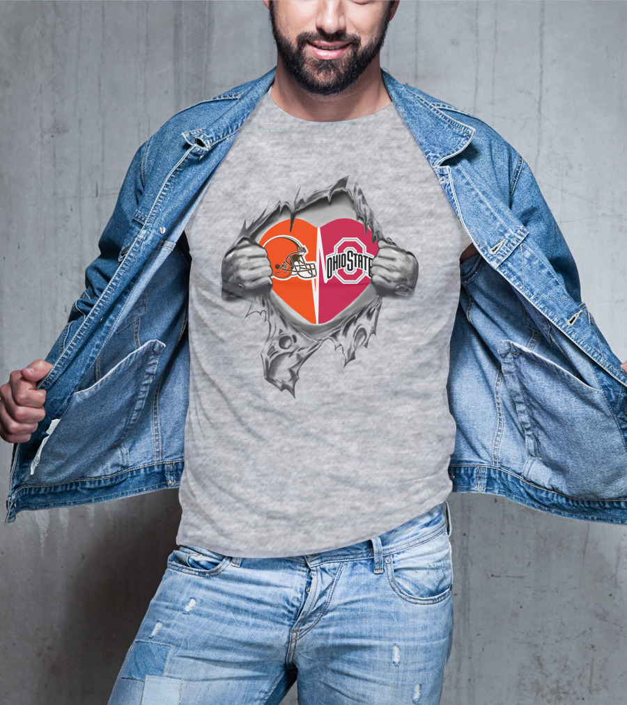 Browns And Ohio State Buckeyes Heart Inside Gray Teared T-Shirt