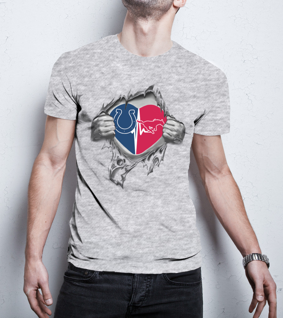 Colts Smu Mustangs Heart Logo Split By Torn Hands T-Shirt