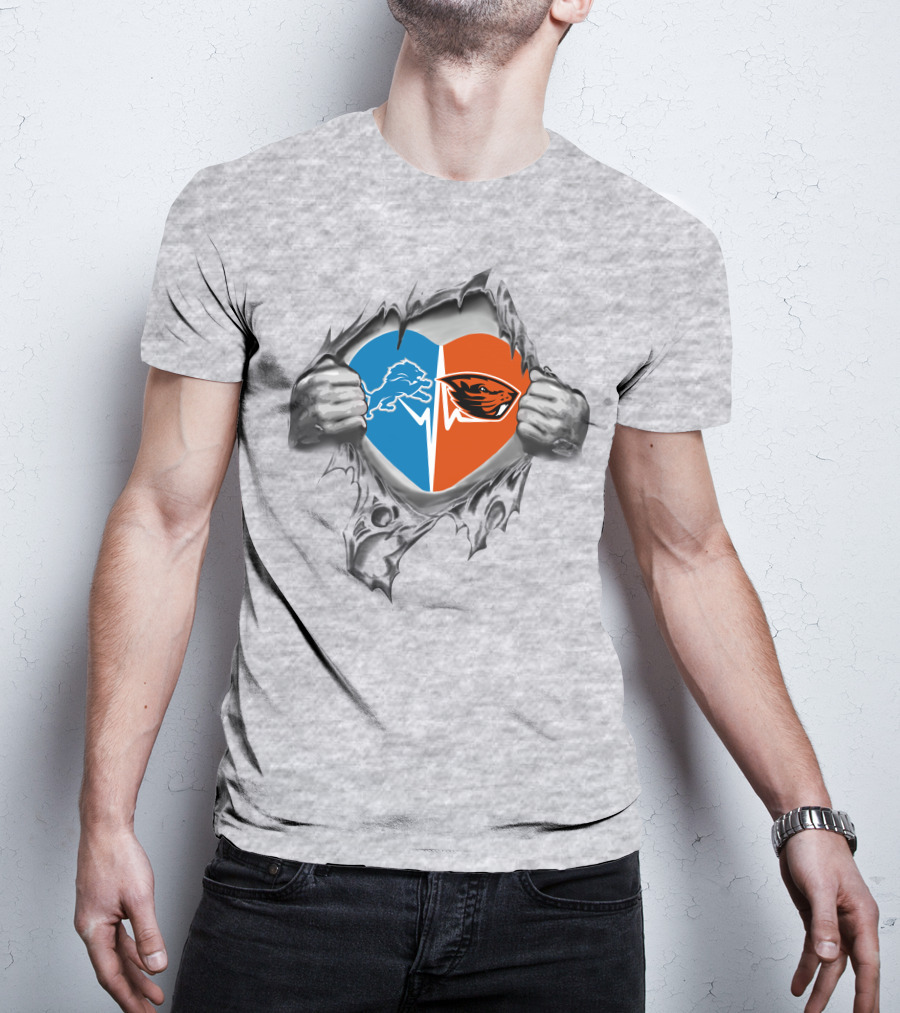 Lions Oregon State Beavers Heart Design With Logos And Ripped Hands T-Shirt