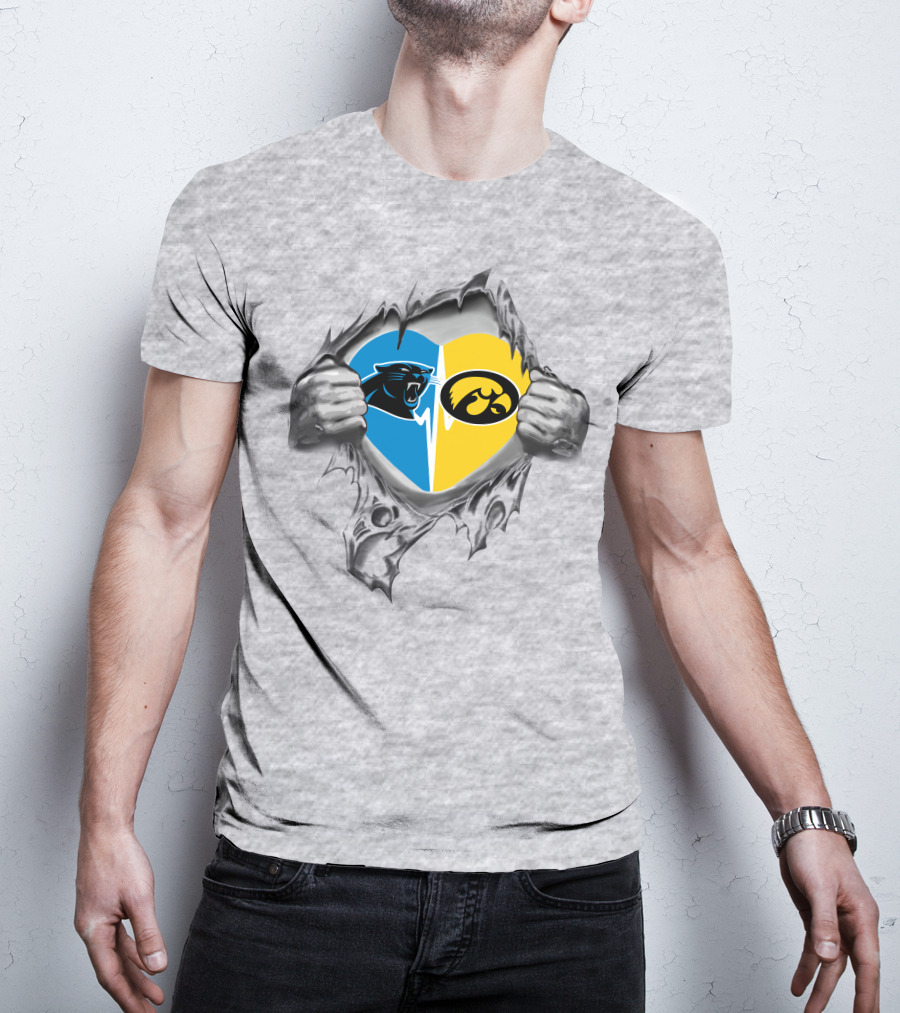 Panthers Iowa Hawkeyes Heart Design Combining Blue And Yellow Team Logos T-Shirt