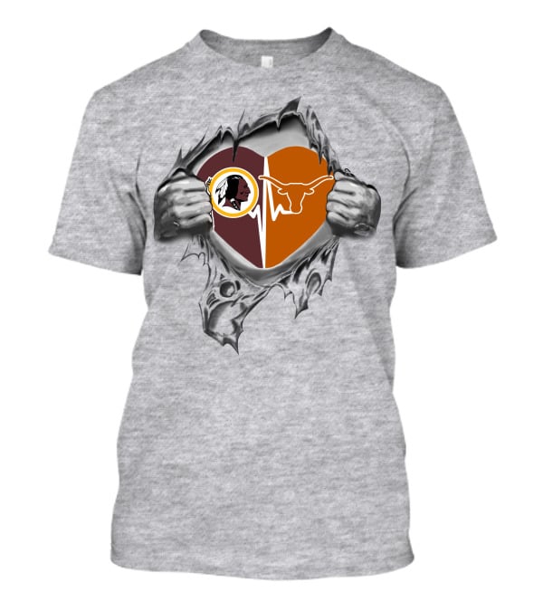 Redskins Texas Longhorns Heartbeat Design With Torn Effect T-Shirt