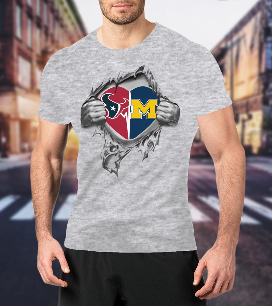 Texans Michigan Wolverines Heart Inside Revealed By Ripped Hands T-Shirt