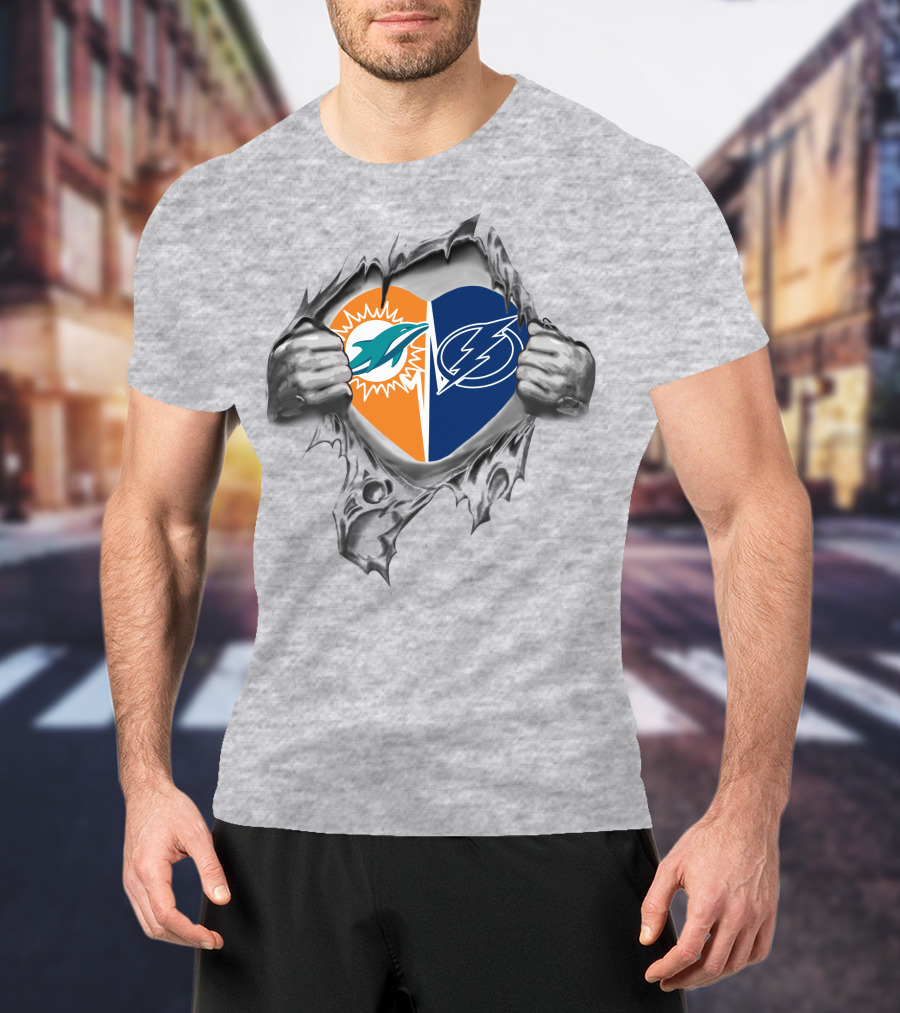 Tampa Bay Lightning Miami Dolphins Heart Symbol Unleashed T-Shirt