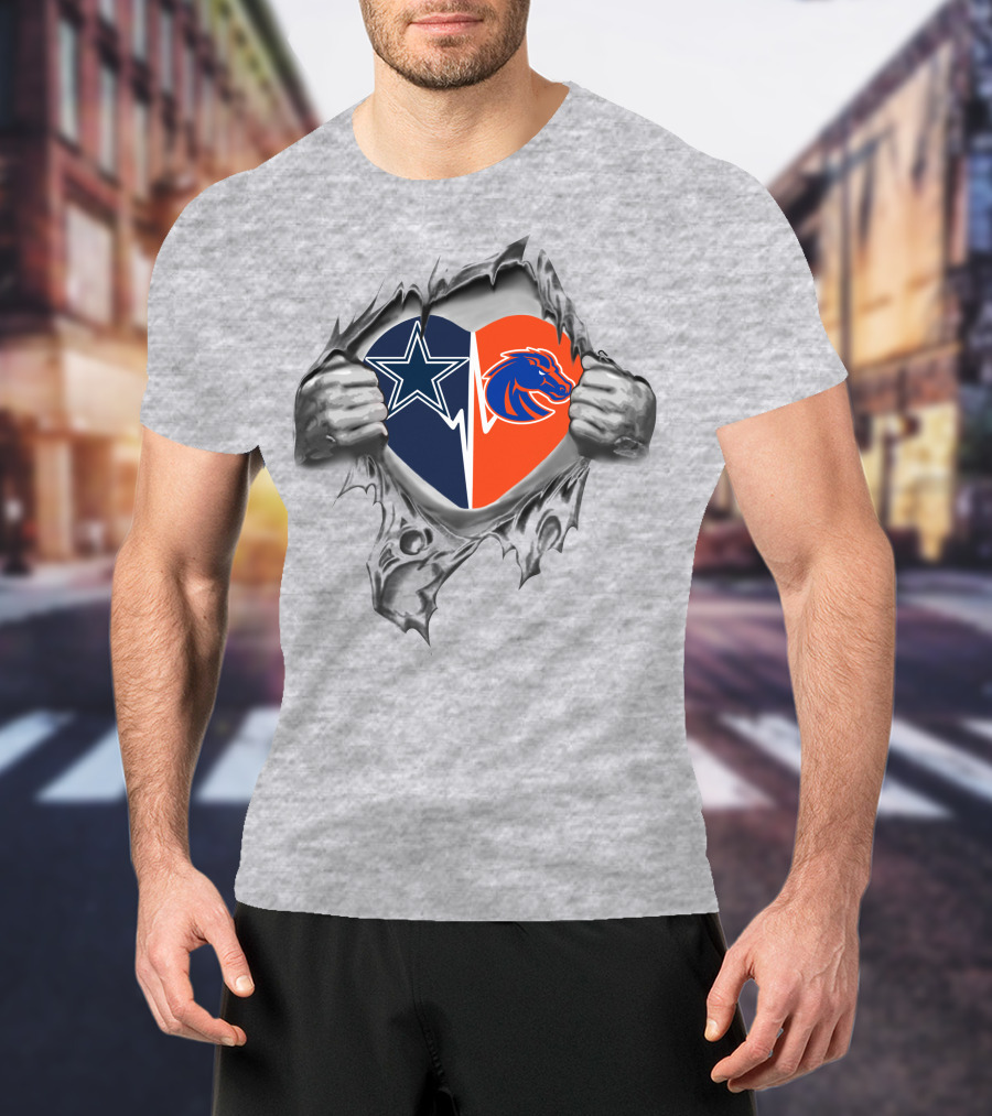 Cowboys Boise State Broncos Heart Logos In Torn Silver Grunge Style T-Shirt