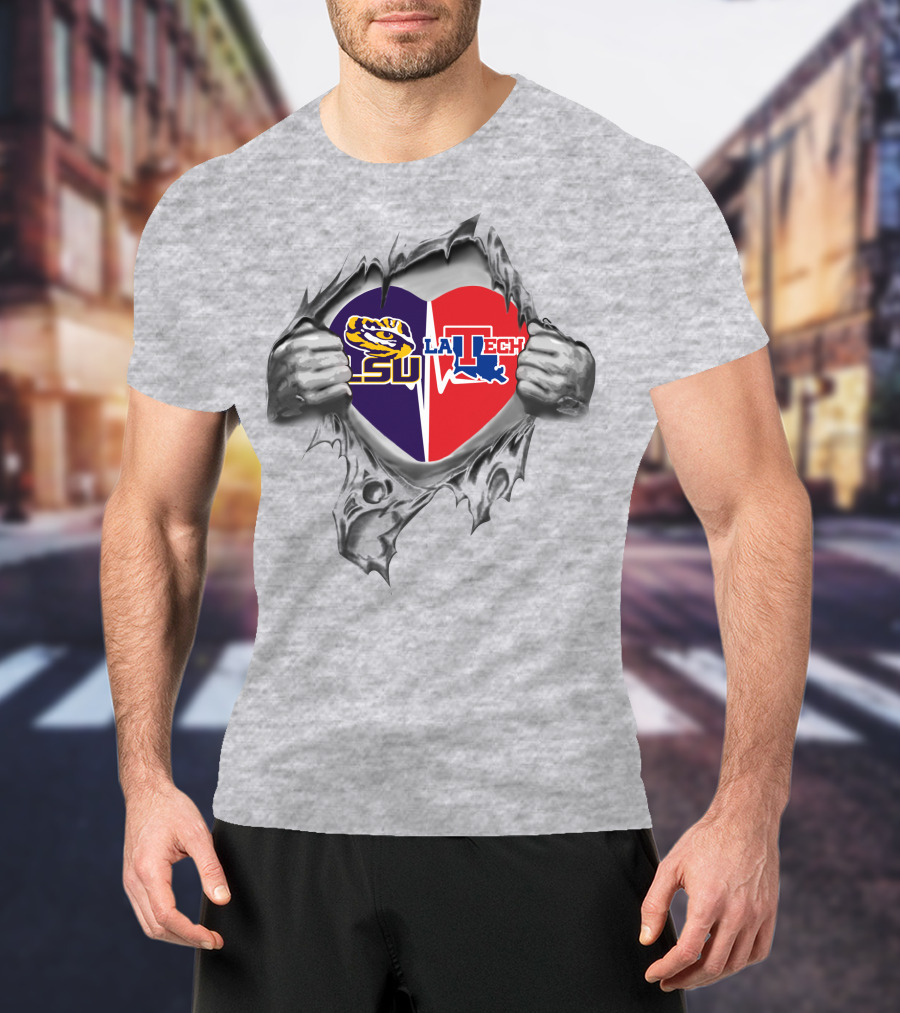 Lsu La Tech Heart Dual Logo Torn T-Shirt