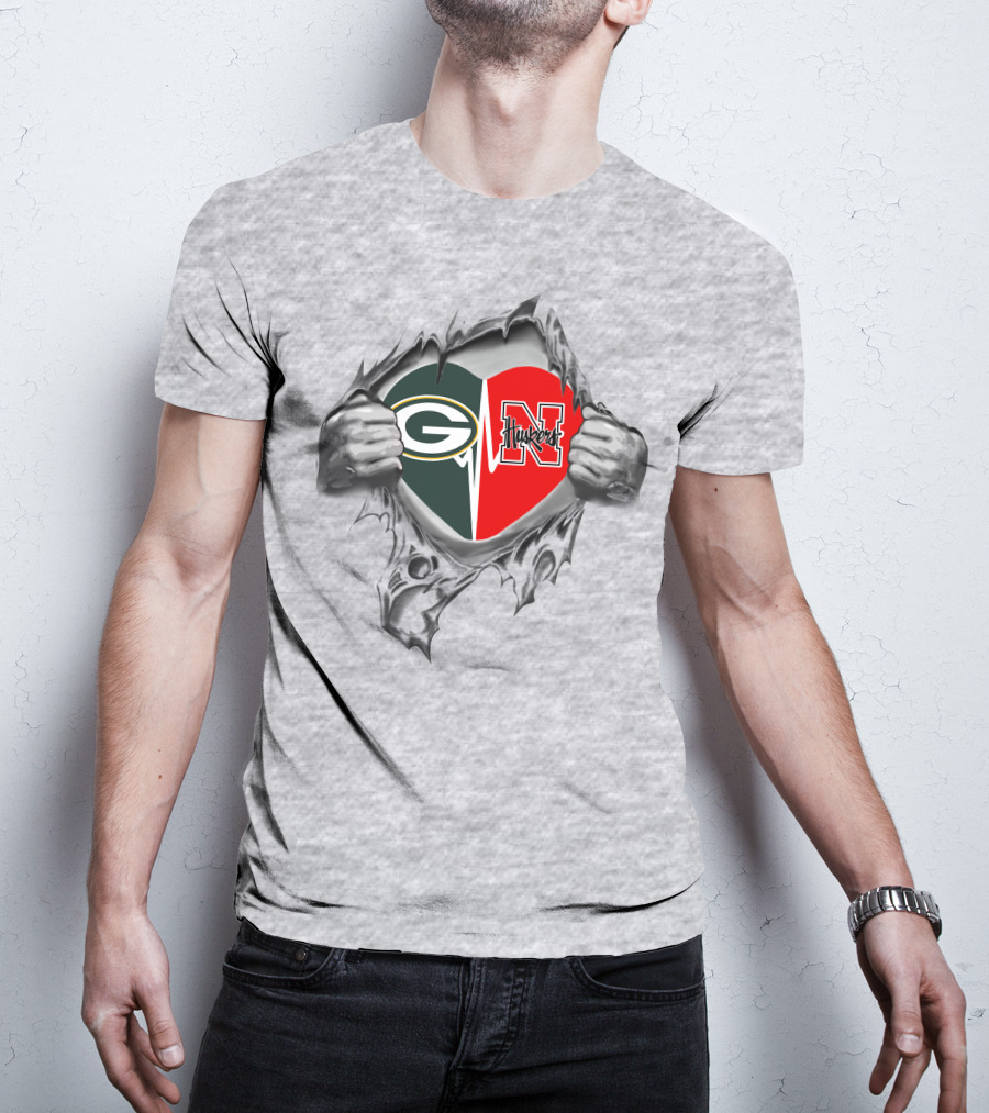 Packers Nebraska Cornhuskers Heart Hands Tearing T-Shirt
