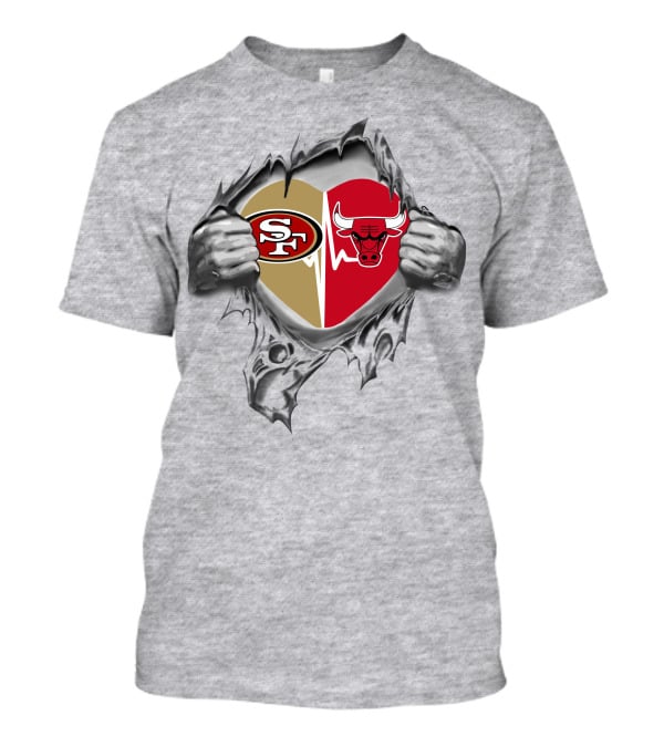 49ers Chicago Bulls Heart Design With Torn Hands T-Shirt