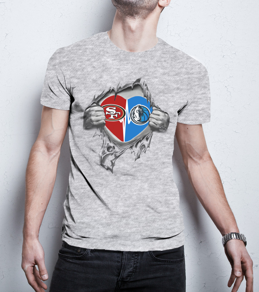 49ers Mavericks Heart Split Logos Peeling Effect Silver Hands T-Shirt