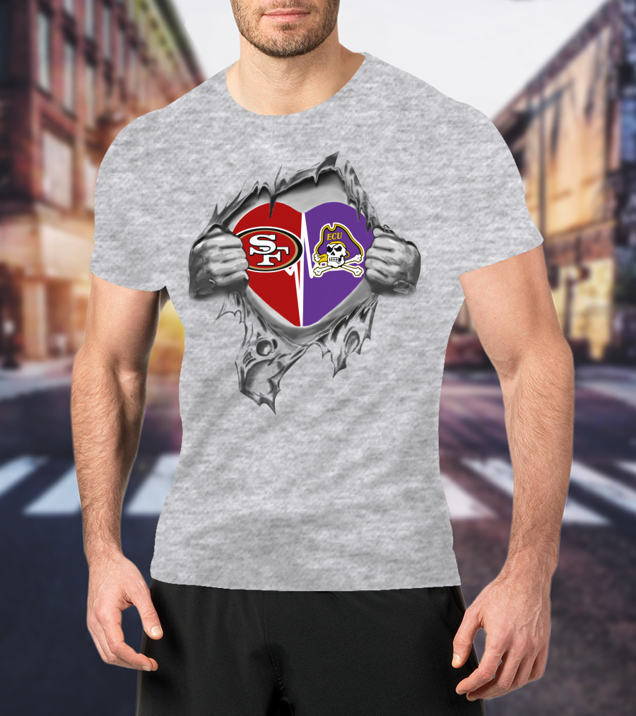 49ers And East Carolina Pirates Split Heart T-Shirt