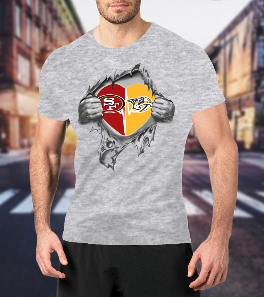 49ers Nashville Predators Heart Split T-Shirt