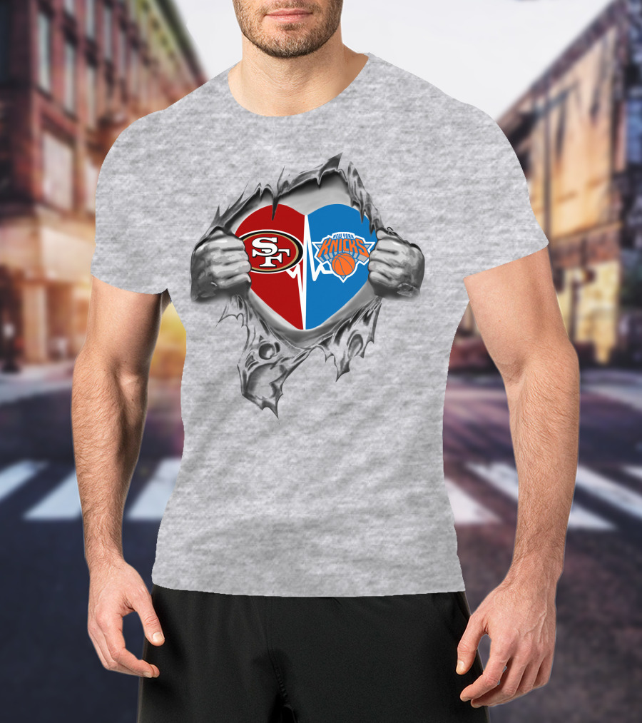 49ers New York Knicks Heart Logos Inside Torn Metal Hands T-Shirt