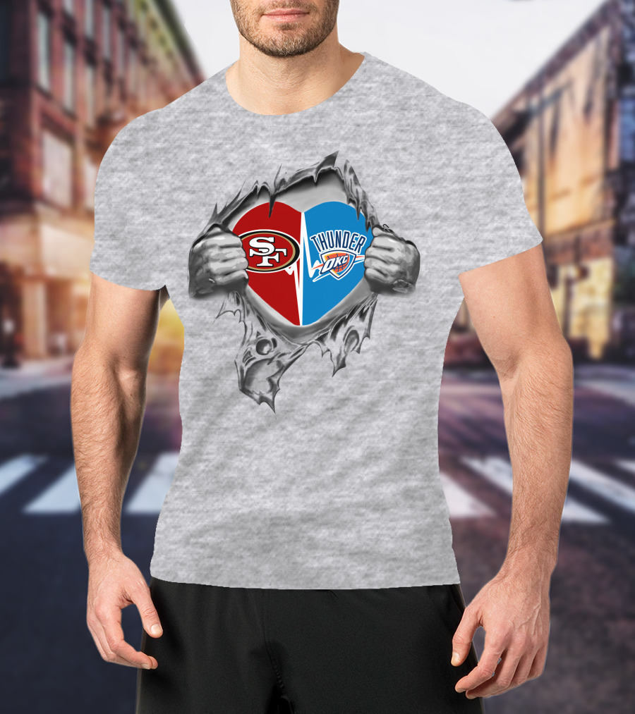 49ers Oklahoma City Thunder Heart Torn Open Logo Fusion T-Shirt