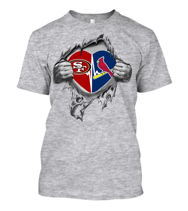 49ers St Louis Cardinals Heart With Torn Paper And Hands Breaking Through T-Shirt