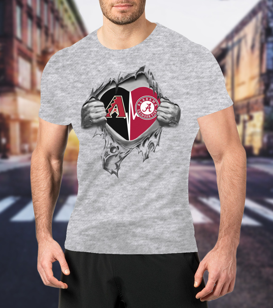 Arizona Diamondbacks Alabama Crimson Tide Heart Logos In Torn Style T-Shirt